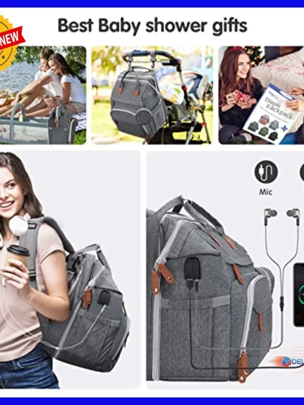 Large Capacity Waterproof Diaper Backpack with Changing Pad & USB Port
